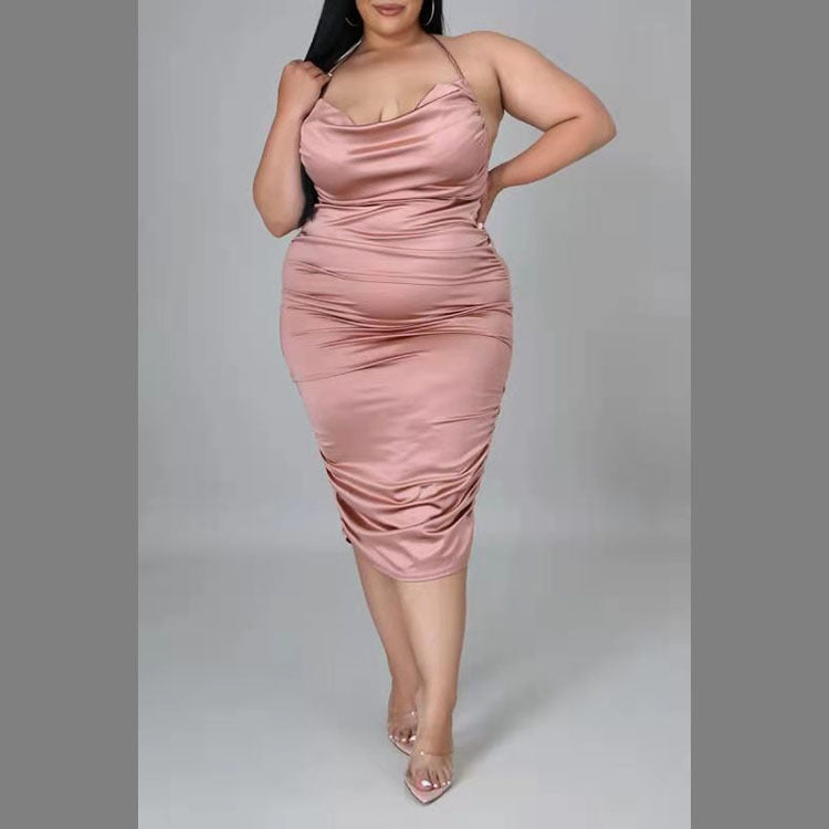 Plus Size Solid Color Satin Dress for Women