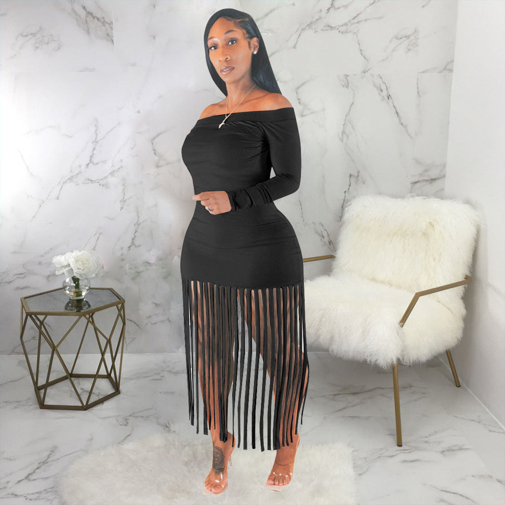 Elegant Plus Size Off-Shoulder Tassel Bodycon Dress