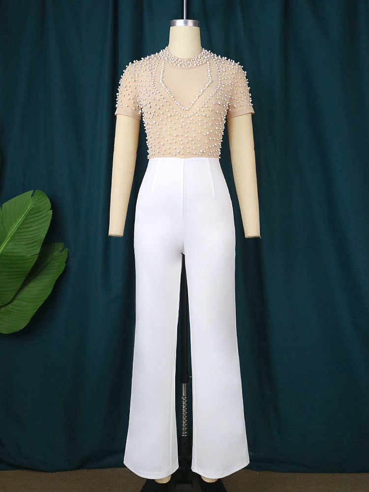 Elegant Plus Size Women’s Mesh Pearl Jumpsuit Outfit