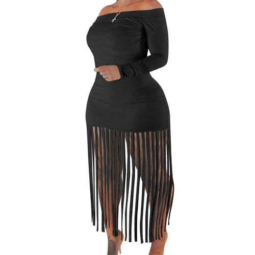 Elegant Plus Size Off-Shoulder Tassel Bodycon Dress