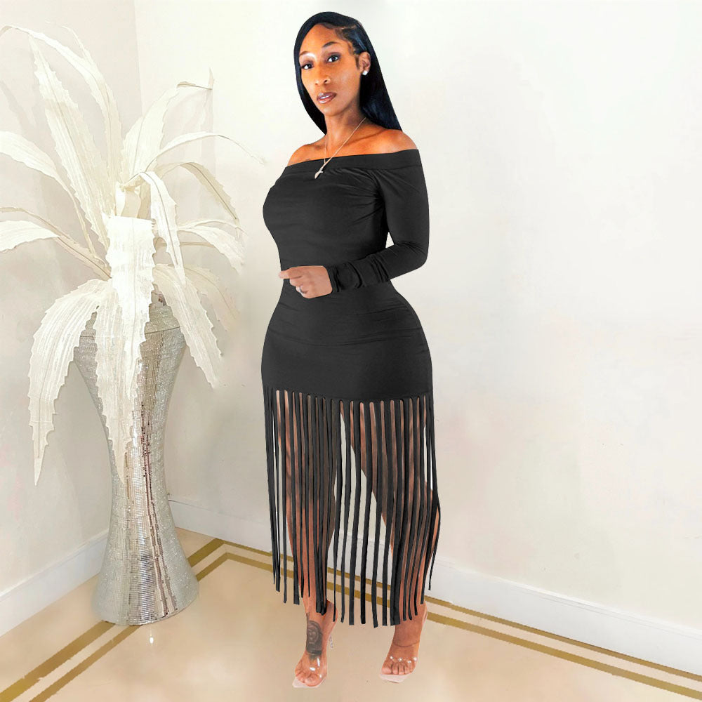 Elegant Plus Size Off-Shoulder Tassel Bodycon Dress