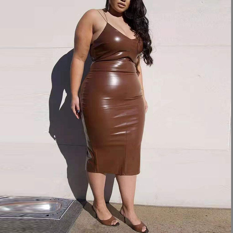 Plus Size Women's Stylish Autumn Winter Leather Dress